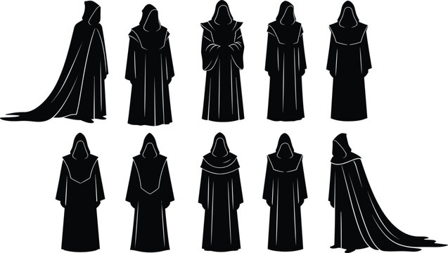 Collection of ten black vector silhouettes of mysterious hooded monks wearing long cloaks, isolated icons for fantasy and halloween design.
