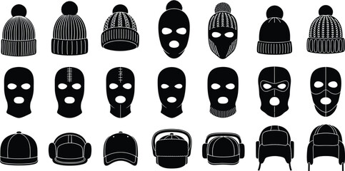 Set of twenty one black vector silhouettes of winter hats, knitted beanies, balaclava ski masks, and warm caps for headwear design.