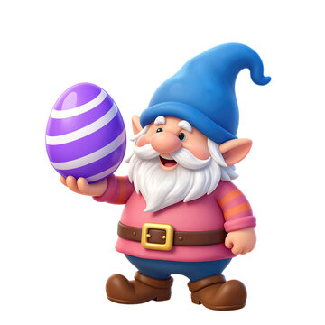 Happy gnome holding striped purple Easter egg