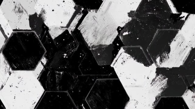 A chaotic abstract of black and white hexagonal shapes with ink splatters