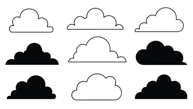 Grid of diverse cloud icons includes both outline and solid black shapes for various weather or design applications.