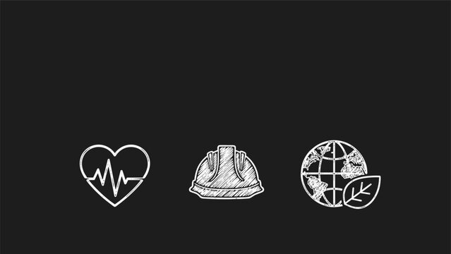 Set of three industrial chalk icons including a heart rate pulse, a construction hard hat, and a globe with a leaf for sustainability.