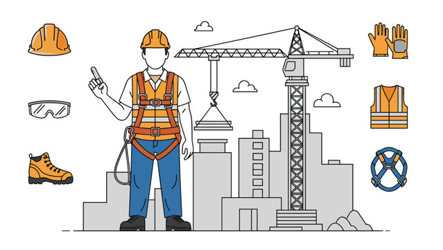 Construction site safety elements including a worker in a harness and various icons of personal protective equipment for industrial workers.