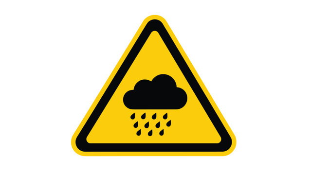 Yellow triangular warning sign features a black rain cloud icon to alert people to potential heavy weather hazards.