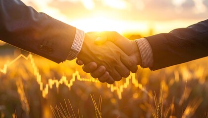 Close-up of hands shaking against golden field and stock chart