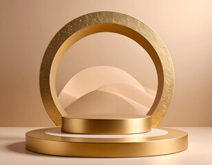 Golden pedestal with arch, soft background, and layered neutral forms