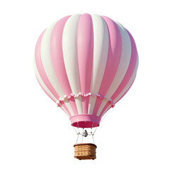 Pink and white striped hot air balloon with basket.