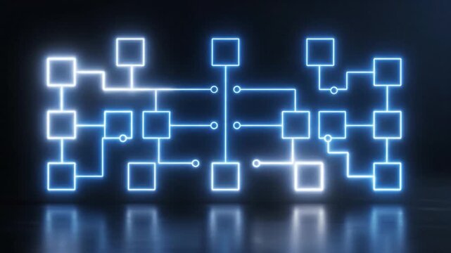A digital network, a glowing blue abstract design of connected squares and lines