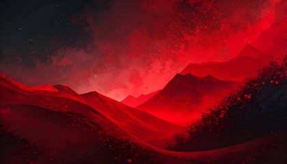 Intense red landscape with mountainous terrain and ominous skies