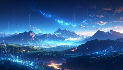 Mountainous landscape with digital threads and celestial glow