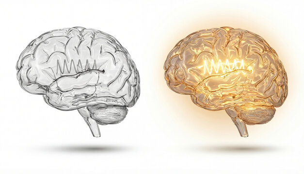 Vibrant digital illustration contrasting the dormant and active states of the human brain, with radiant neural impulses symbolizing creativity, insight, and the awakening of mental potential