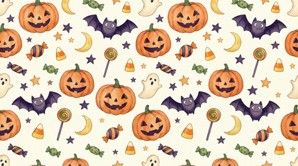 Fototapeta premium Vibrant Halloween Pattern with Pumpkins, Bats, and Candy