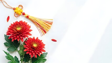 Vibrant holi celebration with red flowers and colorful tassels