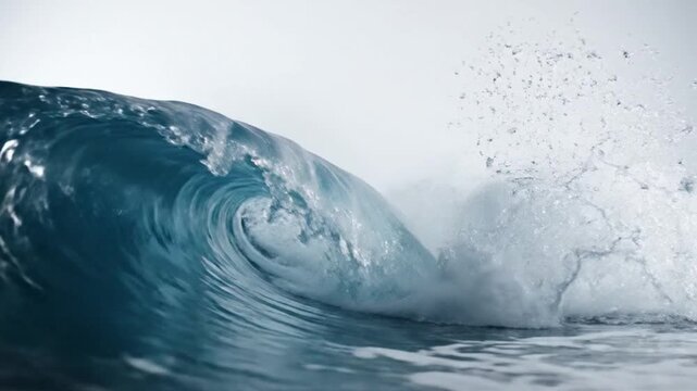 A dramatic, curling ocean wave crests, showcasing blue water with white spray against a light sky