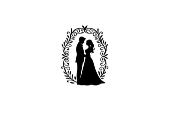 Black vector silhouette illustration of a romantic couple , married bride and groom kissing in a wedding celebration