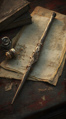 Naklejka premium Magic wand emitting sparkling particles on dark background with mystical fantasy atmosphere