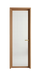 Wooden door frame with frosted glass panel and brass handle.