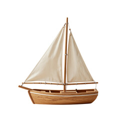 Wooden sailboat model with white canvas sails.