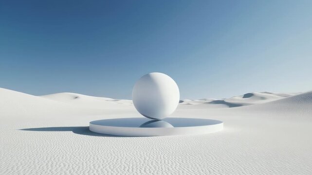 A minimalist white egg floats above a circular platform in a surreal white desert landscape