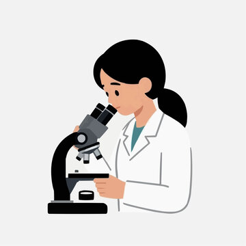 Cartoon illustration of a woman scientist using a microscope on light gray background with copy space
