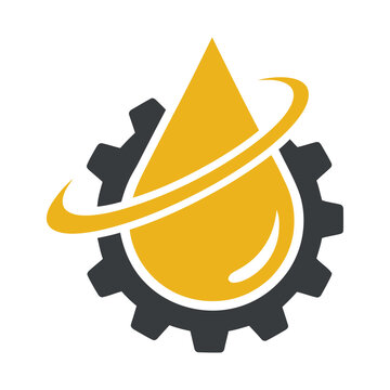 Gear with yellow drop of oil and white swirling line around it symbol icon