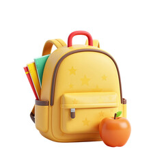 Yellow school backpack with apple and school supplies.