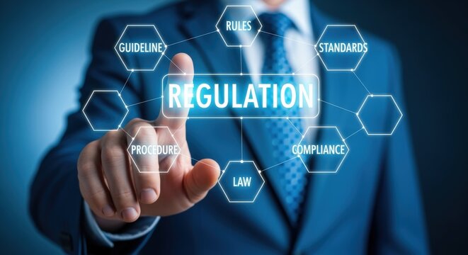 Navigating Business Regulations: A Man in a Suit Interacting with a Regulatory Compliance Interface Depicting Rules and Standards