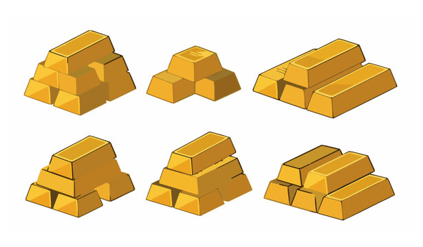 Gold bars vector illustration set banking business prosperity and investment symbols isolated on white