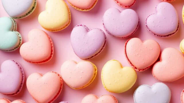 Overhead view of valentine heart macarons. valentine celebration and romantic desserts