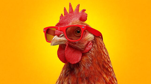 Rooster Wearing Red Hipster Sunglasses Against Yellow Photo Background chicken bird