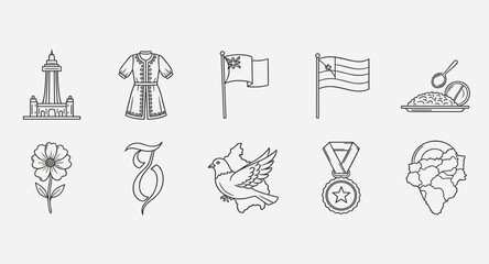 Collection of national symbols and cultural icons in a clean line art style