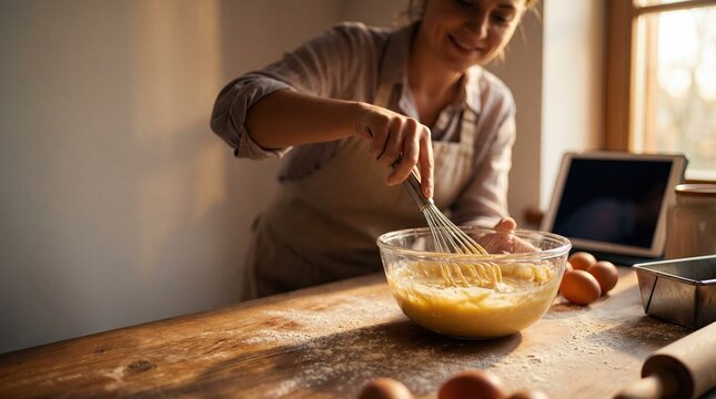 Happy woman whisking yellow batter in a glass bowl on a flour-dusted wooden kitchen counter, bathed in natural light.