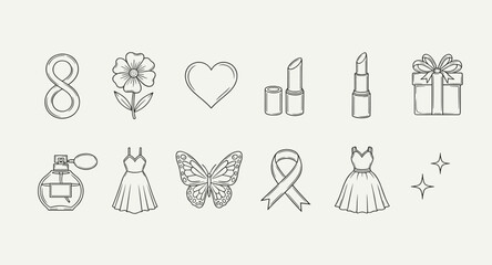 Collection of feminine icons including number 8, flower, heart, lipstick, gift, and dress