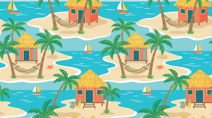 Obraz premium Tropical Paradise with Hut Islands and Sailboats in Vibrant Colors