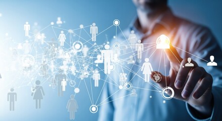 Man Connecting People Icons via Digital Network Interface, Representing Global Communication and Social Media