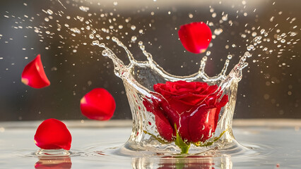 A dramatic high-speed shot of a red rose flower creating a water splash.