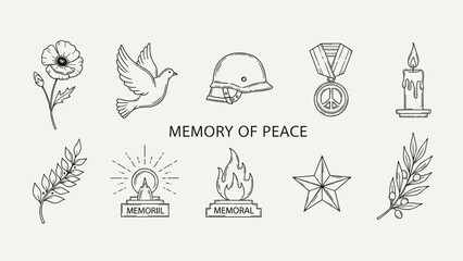 Obraz premium Collection of symbols representing peace, remembrance, and memorialization in a minimalist line art style