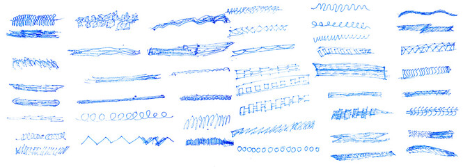 Blue pen scribble and doodle collection. Blue pen lines, arrows and scribbles at grid notebook background. Crayon drawn note doodles for hand drawn diagram, infographic and journaling.