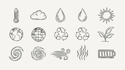 Fototapeta premium Collection of hand-drawn icons representing natural elements and environmental concepts