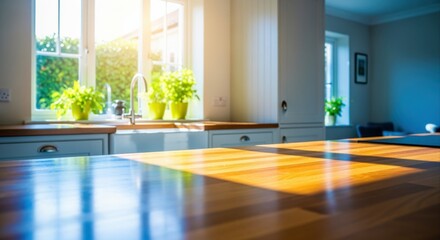 Fototapeta premium Sunlit Kitchen Interior with Wooden Countertop and Green Plants, Emphasizing Natural Light and Modern Design