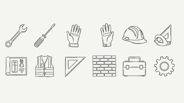 Collection of construction and DIY tools and safety equipment icons in a simple line art style