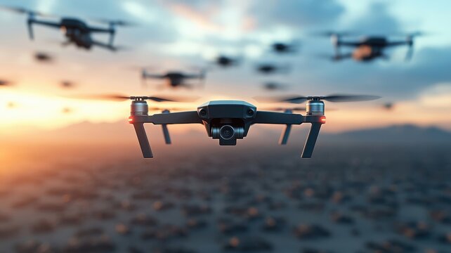 Swarm of military drones flying in formation over desert landscape.