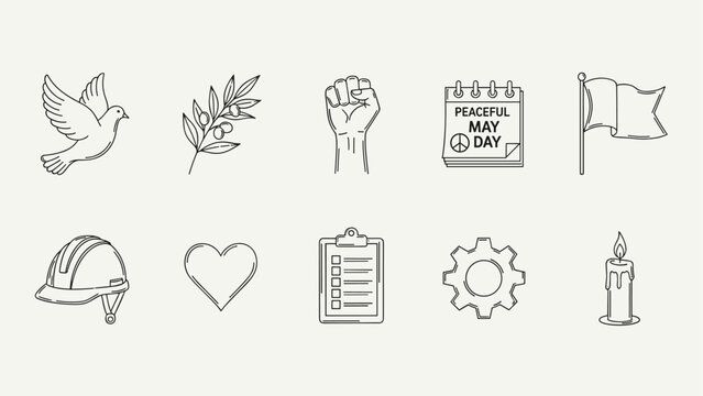 Collection of icons representing peace, labor, and protest for May Day celebrations