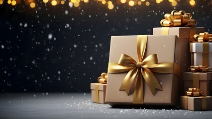 A stack of elegantly wrapped christmas gifts with gold ribbons and bows on a snowy surface with festive lights in the background