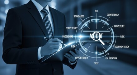 Business Audit Concept: Professional Auditor Examining Financial Data with Modern Technology Overlay