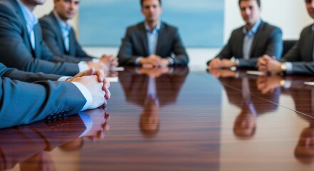 Business Meeting with Team Around Conference Table with Reflections and Collaboration