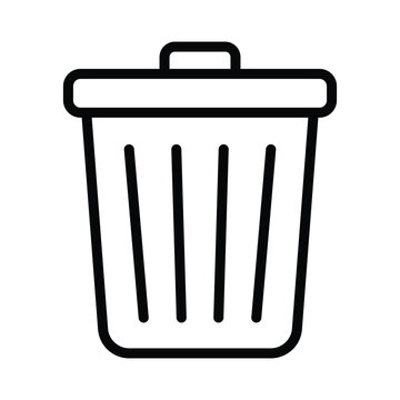 Black and white trash can icon with lid and vertical slats, ideal for UI design, app interfaces, and digital platforms. Minimal vector style representing delete or discard functionality.
