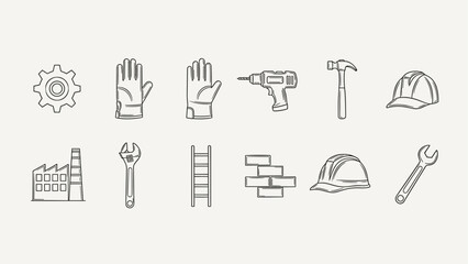 Collection of construction and industrial icons, including tools and safety equipment