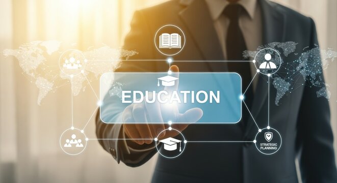 Interactive Education Technology Concept: Businessman Touching Virtual Interface for Learning, Academic Success, and Career Development - Powered by Adobe