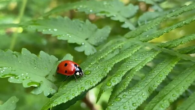 A ladybug resting on a leaf with water droplets in a lush outdoor setting
